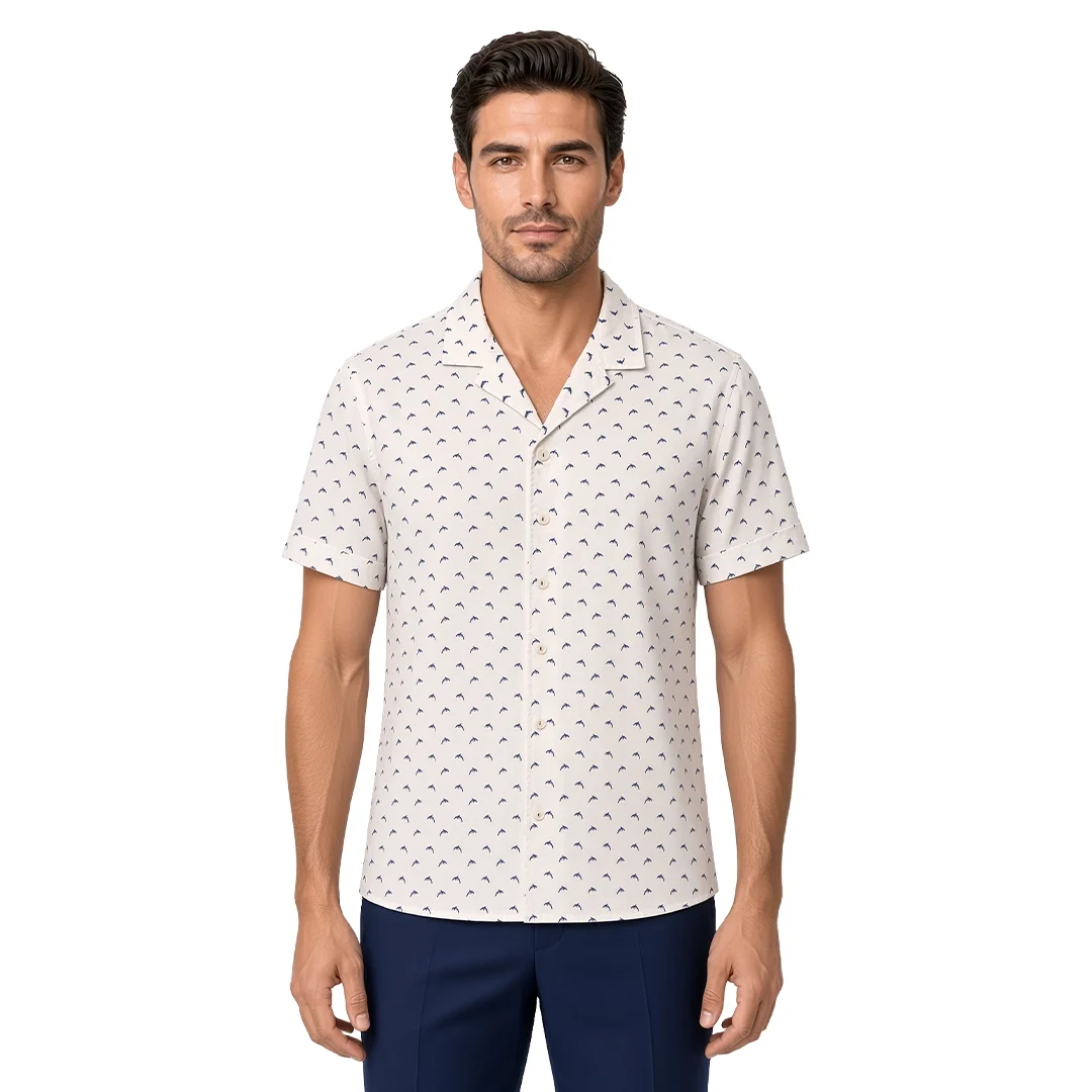 Men’s white motif print short sleeve Havana shirt in cotton, fine navy print on an ivory ground, open camp collar, modern fit, worn untucked.