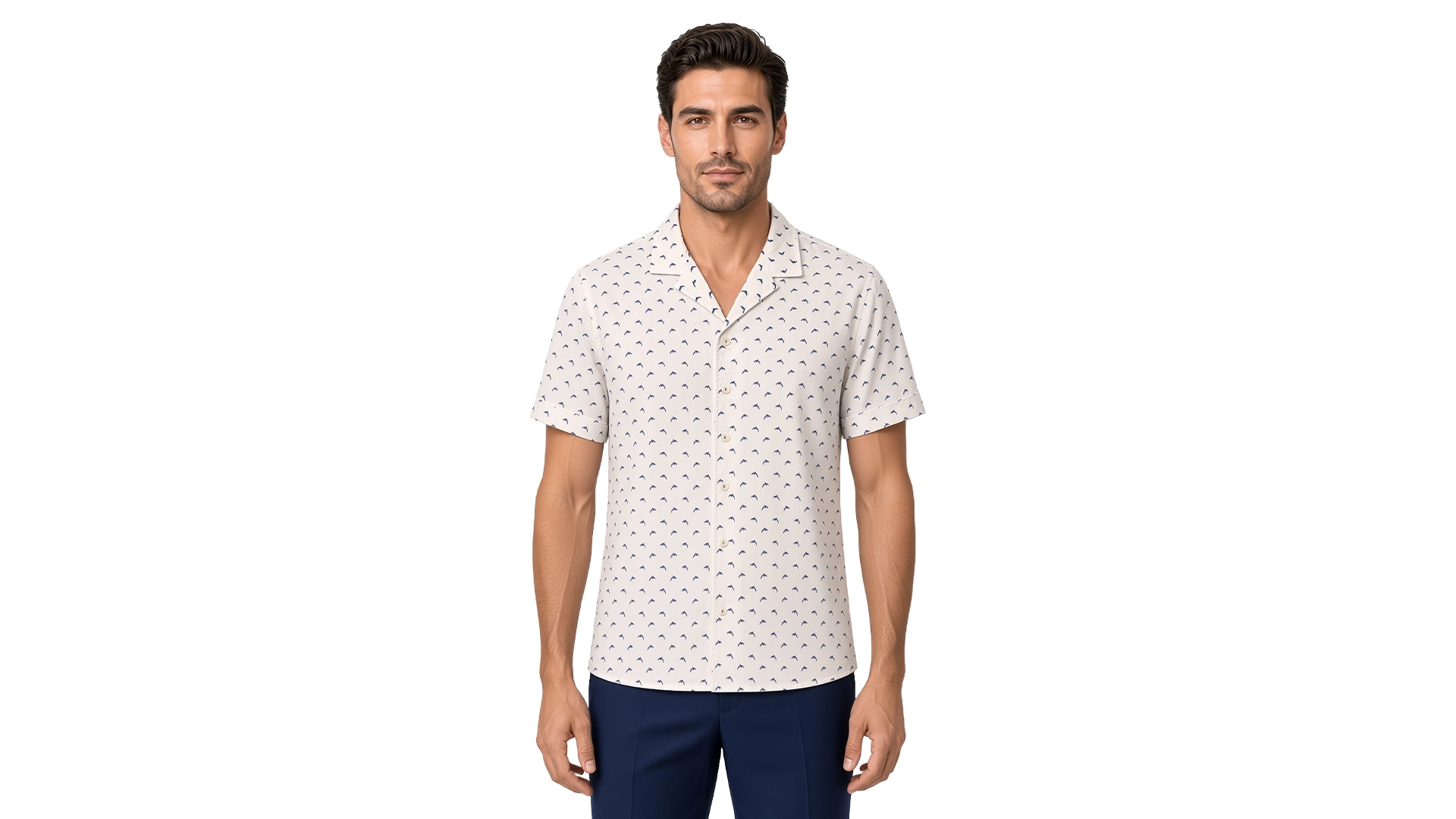 Men’s white motif print short sleeve Havana shirt in cotton, fine navy print on an ivory ground, open camp collar, modern fit, worn untucked.