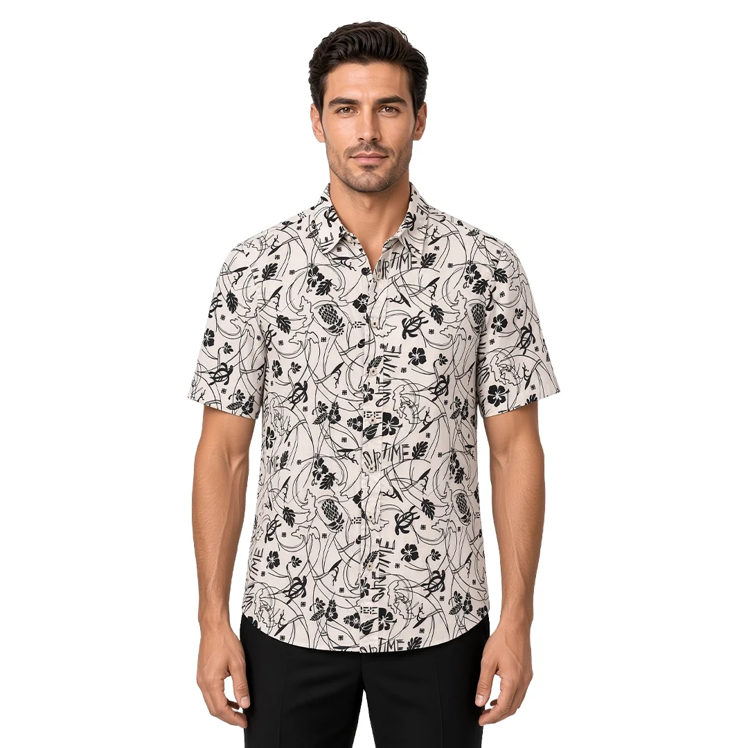 Men’s white floral short sleeve shirt in cotton, black line-drawn hibiscus and pineapple on an ivory ground, soft collar, modern fit, worn untucked.