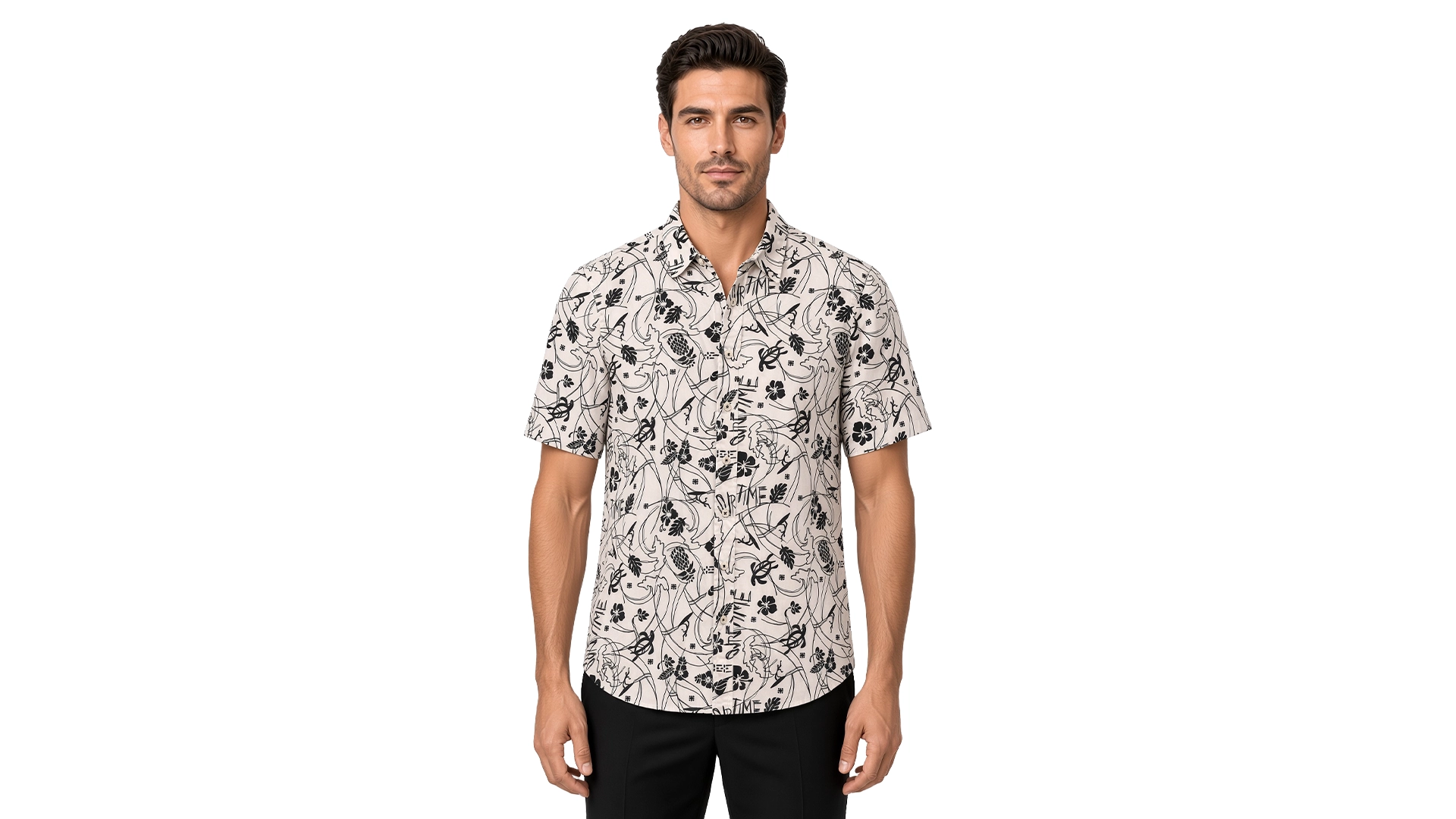 Men’s white floral short sleeve shirt in cotton, black line-drawn hibiscus and pineapple on an ivory ground, soft collar, modern fit, worn untucked.
