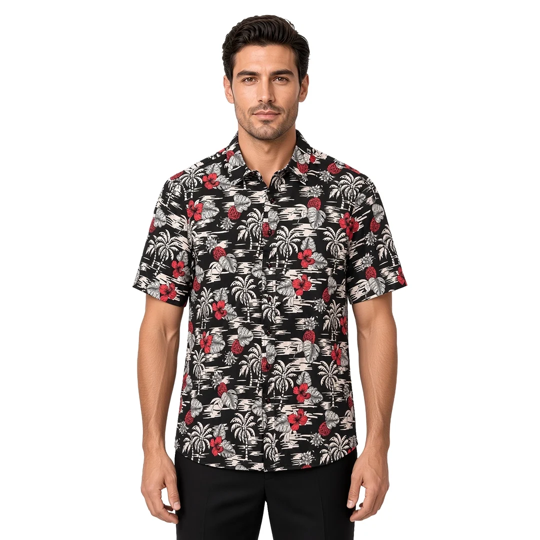 Men’s black floral short sleeve shirt in cotton, tropical print of cream palms, red hibiscus and grey foliage on a black ground, soft collar, modern fit, worn untucked.