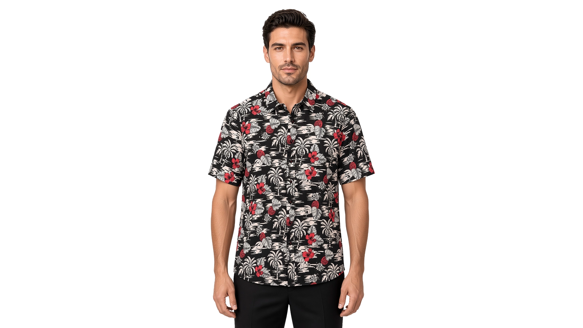 Men’s black floral short sleeve shirt in cotton, tropical print of cream palms, red hibiscus and grey foliage on a black ground, soft collar, modern fit, worn untucked.