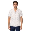 Men’s white motif print short sleeve Havana shirt in cotton, fine navy triangle print on an ivory ground, open camp collar, modern fit, worn untucked.