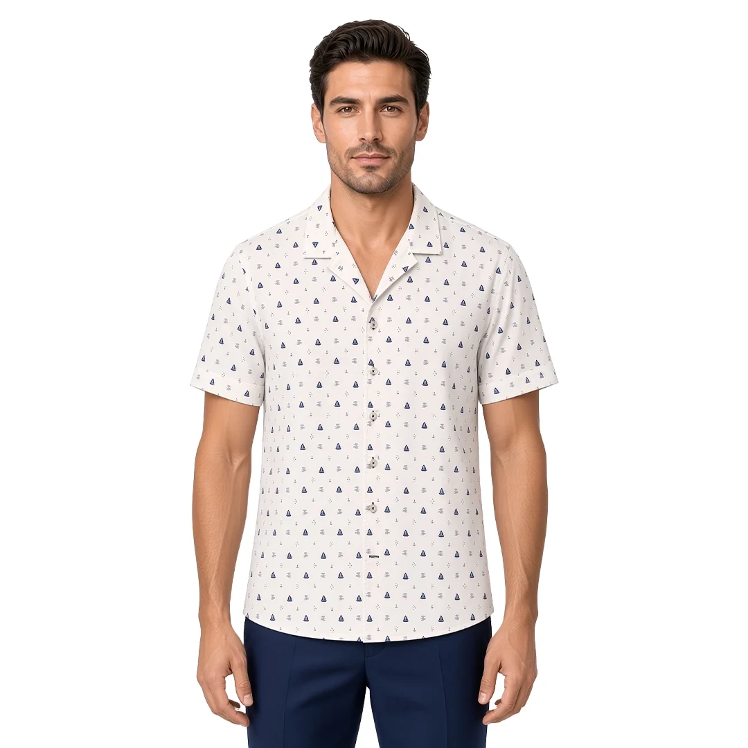 Men’s white motif print short sleeve Havana shirt in cotton, fine navy triangle print on an ivory ground, open camp collar, modern fit, worn untucked.