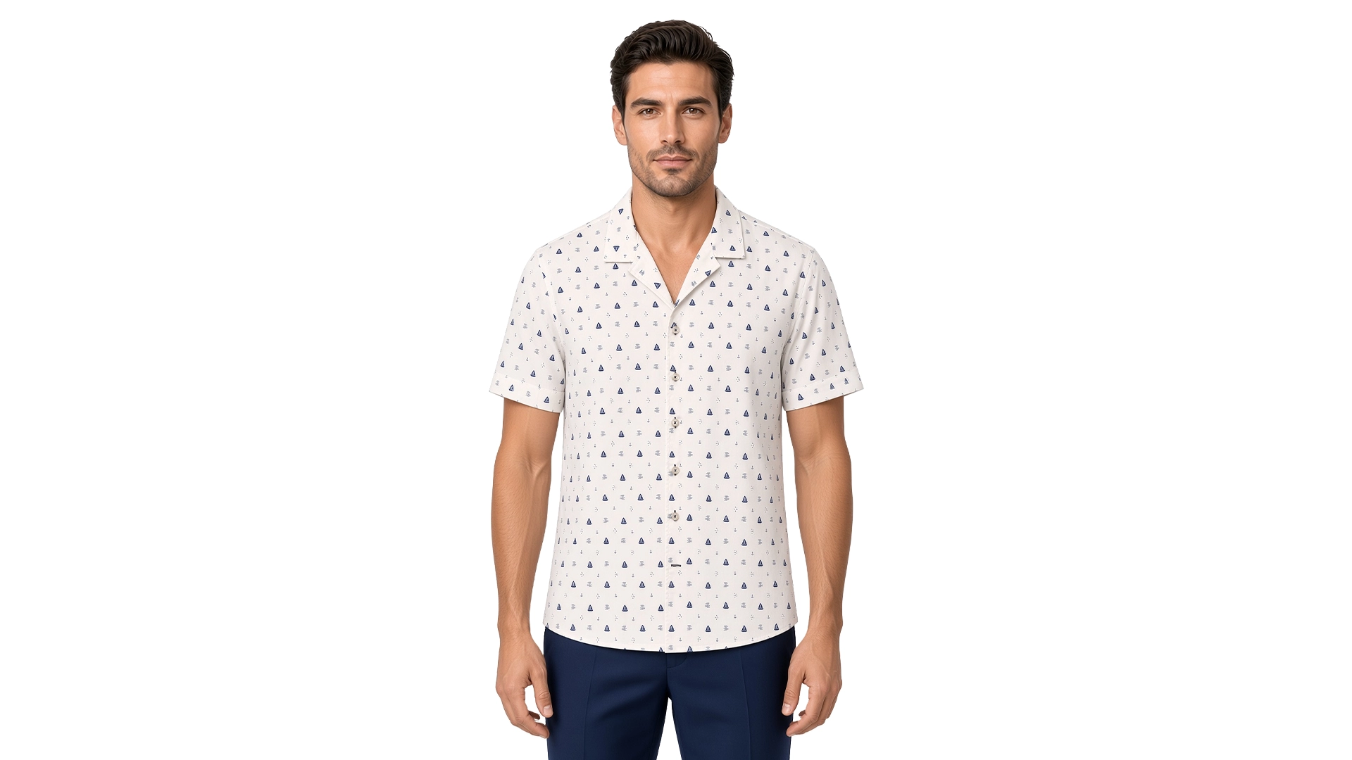 Men’s white motif print short sleeve Havana shirt in cotton, fine navy triangle print on an ivory ground, open camp collar, modern fit, worn untucked.
