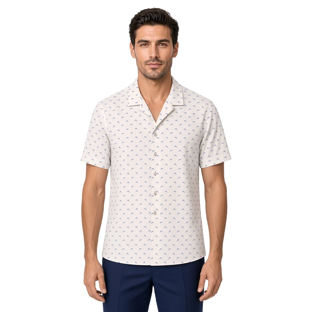 Men’s white motif print short sleeve Havana shirt in cotton, fine pale-blue print on an ivory ground, open camp collar, modern fit, worn untucked.
