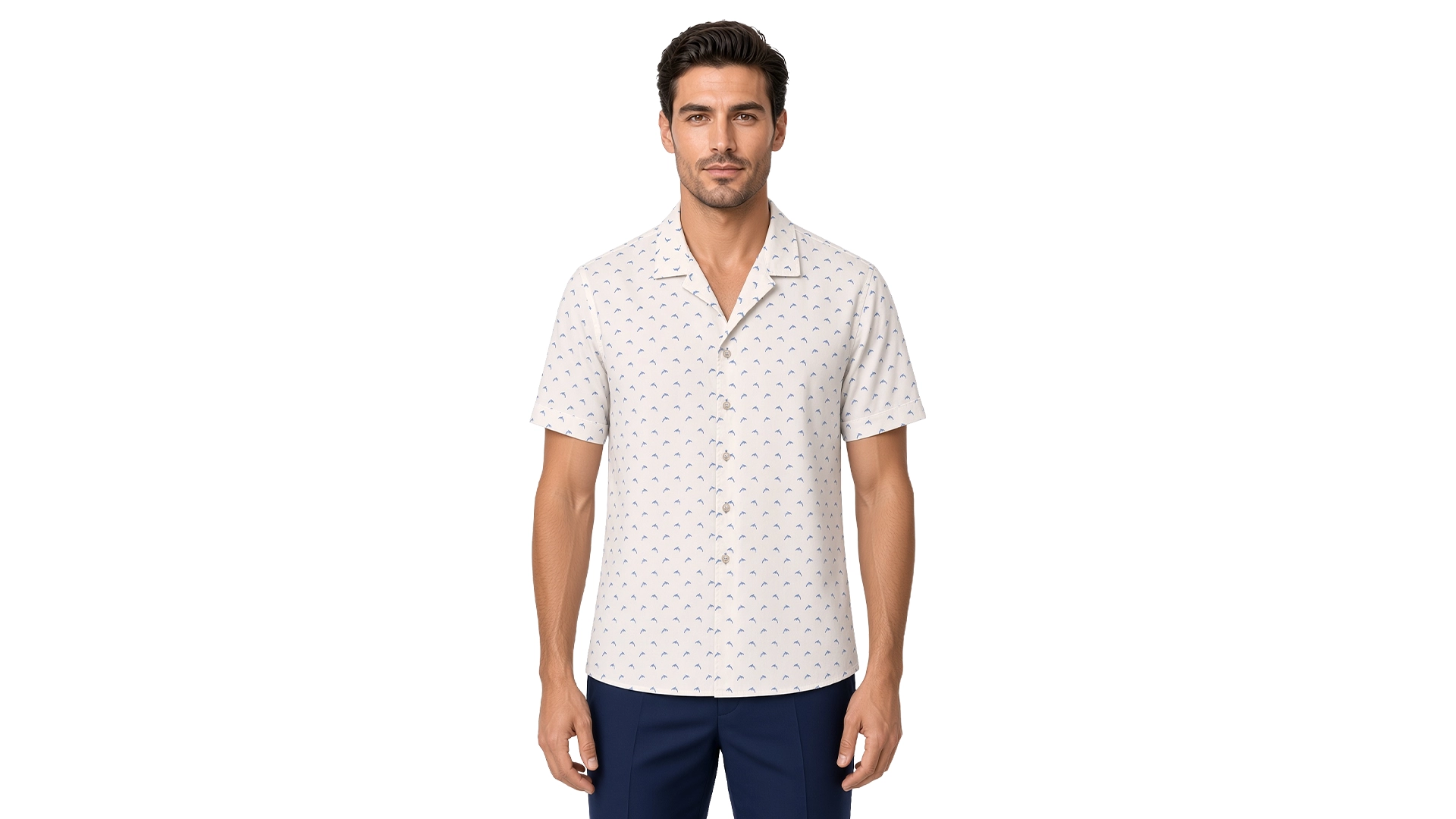 Men’s white motif print short sleeve Havana shirt in cotton, fine pale-blue print on an ivory ground, open camp collar, modern fit, worn untucked.