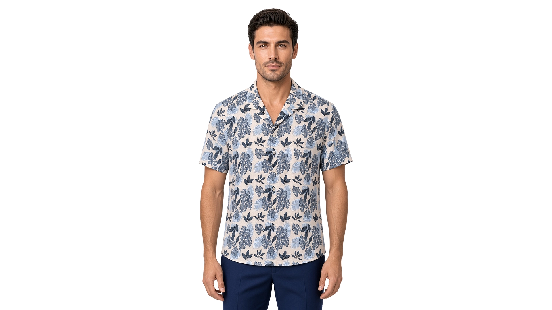 Men’s blue floral short sleeve Havana shirt in cotton, tropical leaf print in powder blue and slate on a cream ground, open camp collar, modern fit, worn untucked.