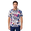 Men’s white floral short sleeve shirt in cotton, tropical print of navy palms, magenta hibiscus and orange pineapple on a cream ground, soft collar, modern fit, worn untucked.