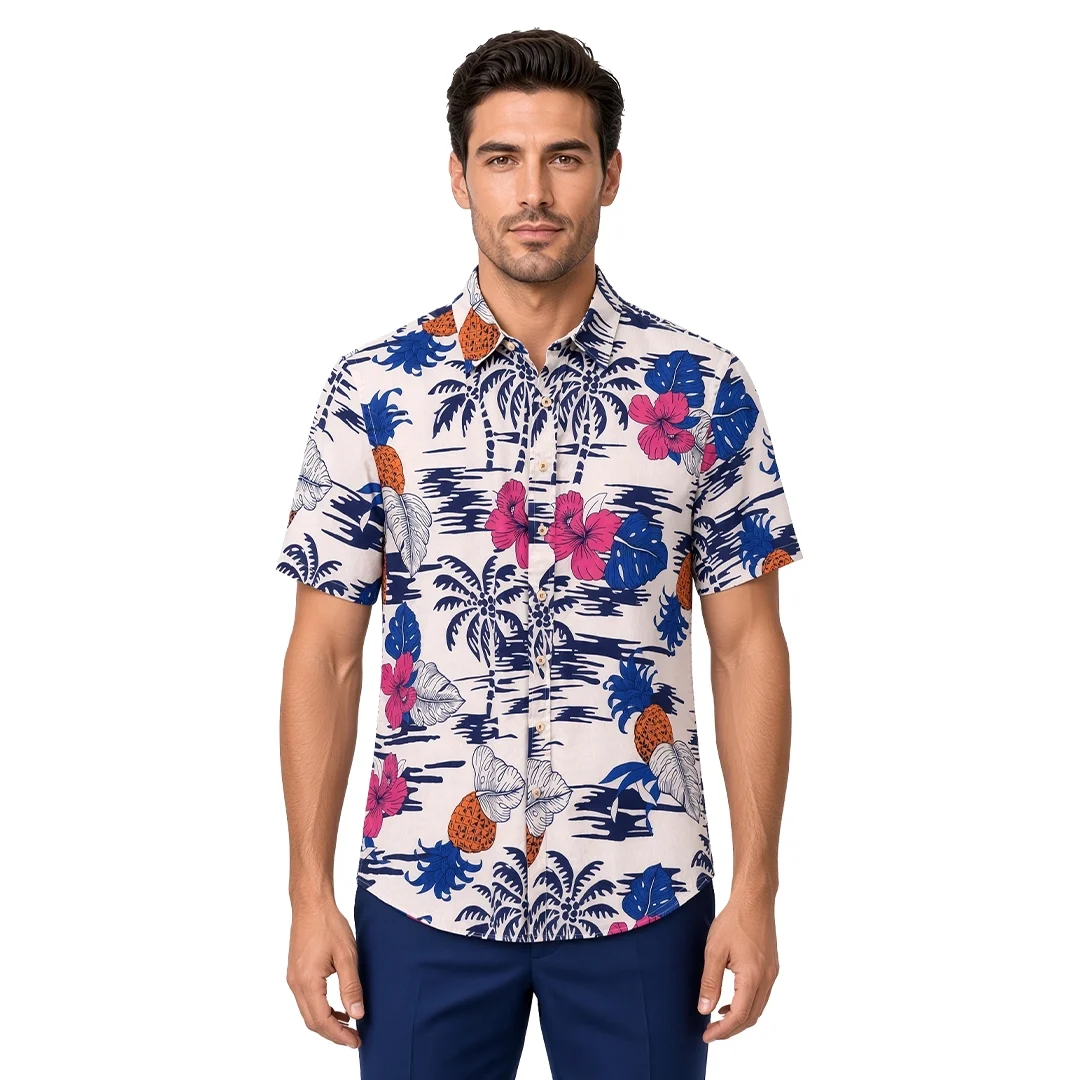 Men’s white floral short sleeve shirt in cotton, tropical print of navy palms, magenta hibiscus and orange pineapple on a cream ground, soft collar, modern fit, worn untucked.