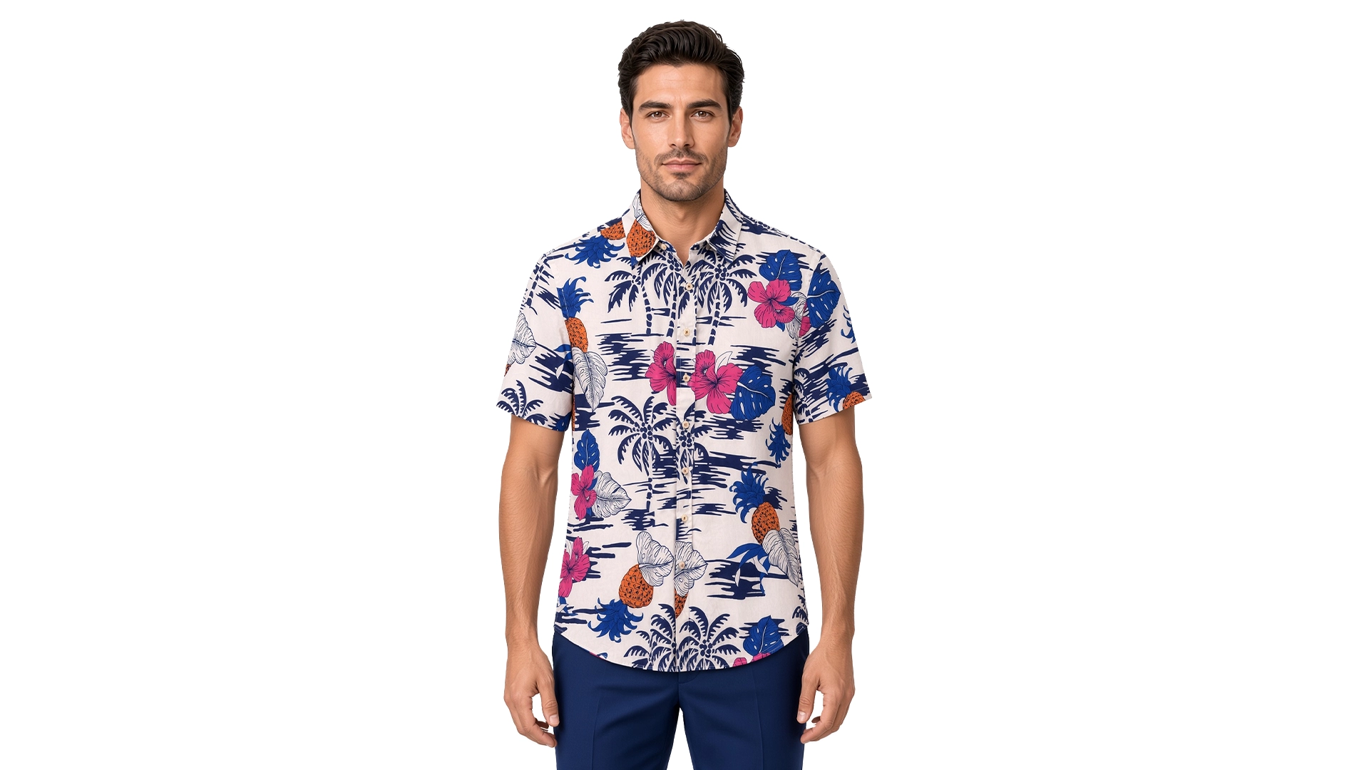 Men’s white floral short sleeve shirt in cotton, tropical print of navy palms, magenta hibiscus and orange pineapple on a cream ground, soft collar, modern fit, worn untucked.