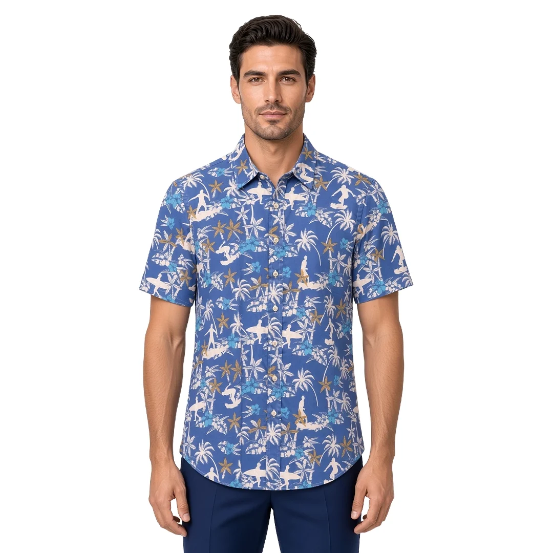 Men’s blue floral short sleeve shirt in cotton, tropical print of cream palms, turquoise flowers and khaki foliage on a mid-blue ground, soft collar, modern fit, worn untucked.
