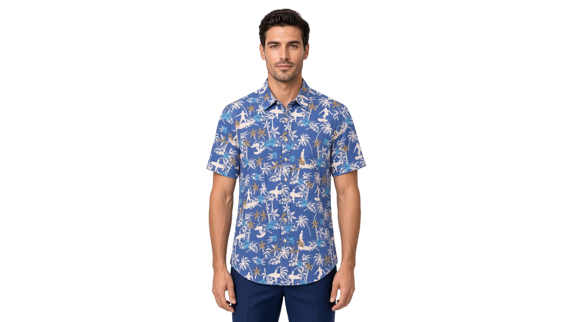 Men’s blue floral short sleeve shirt in cotton, tropical print of cream palms, turquoise flowers and khaki foliage on a mid-blue ground, soft collar, modern fit, worn untucked.