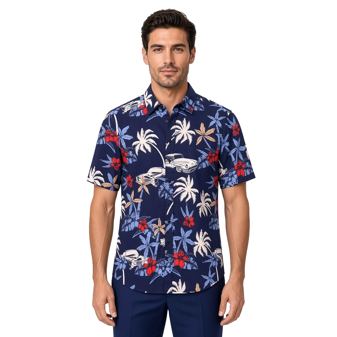 Men’s blue floral short sleeve shirt in cotton, navy ground with cream palms, red hibiscus and vintage cars, soft collar, modern fit, worn untucked.