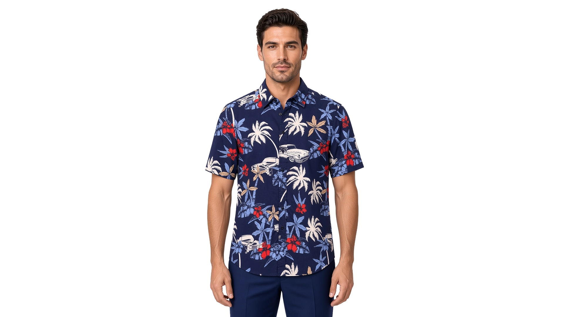 Men’s blue floral short sleeve shirt in cotton, navy ground with cream palms, red hibiscus and vintage cars, soft collar, modern fit, worn untucked.