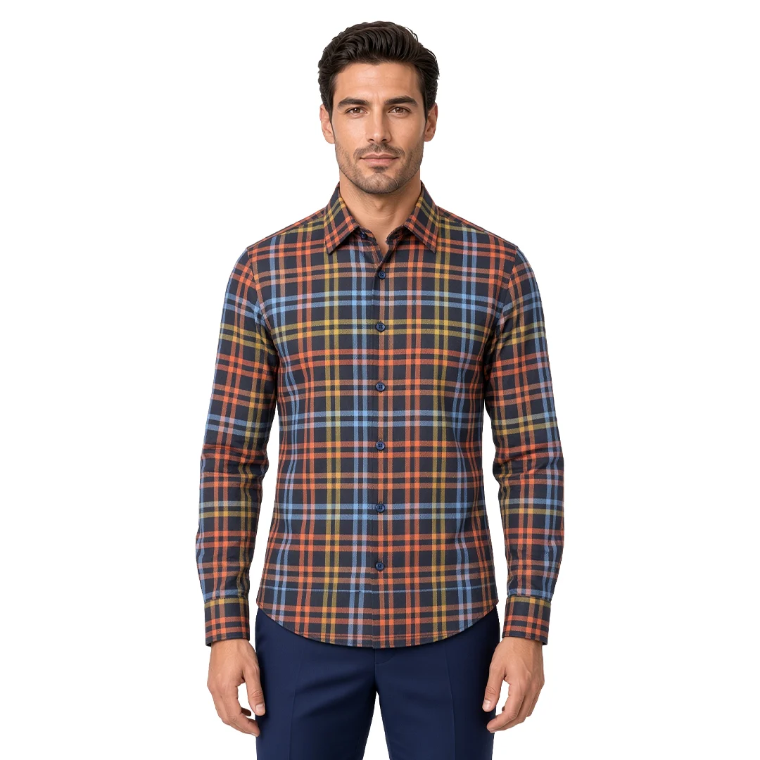 Men's Orange Plaid Flannel Casual Shirt