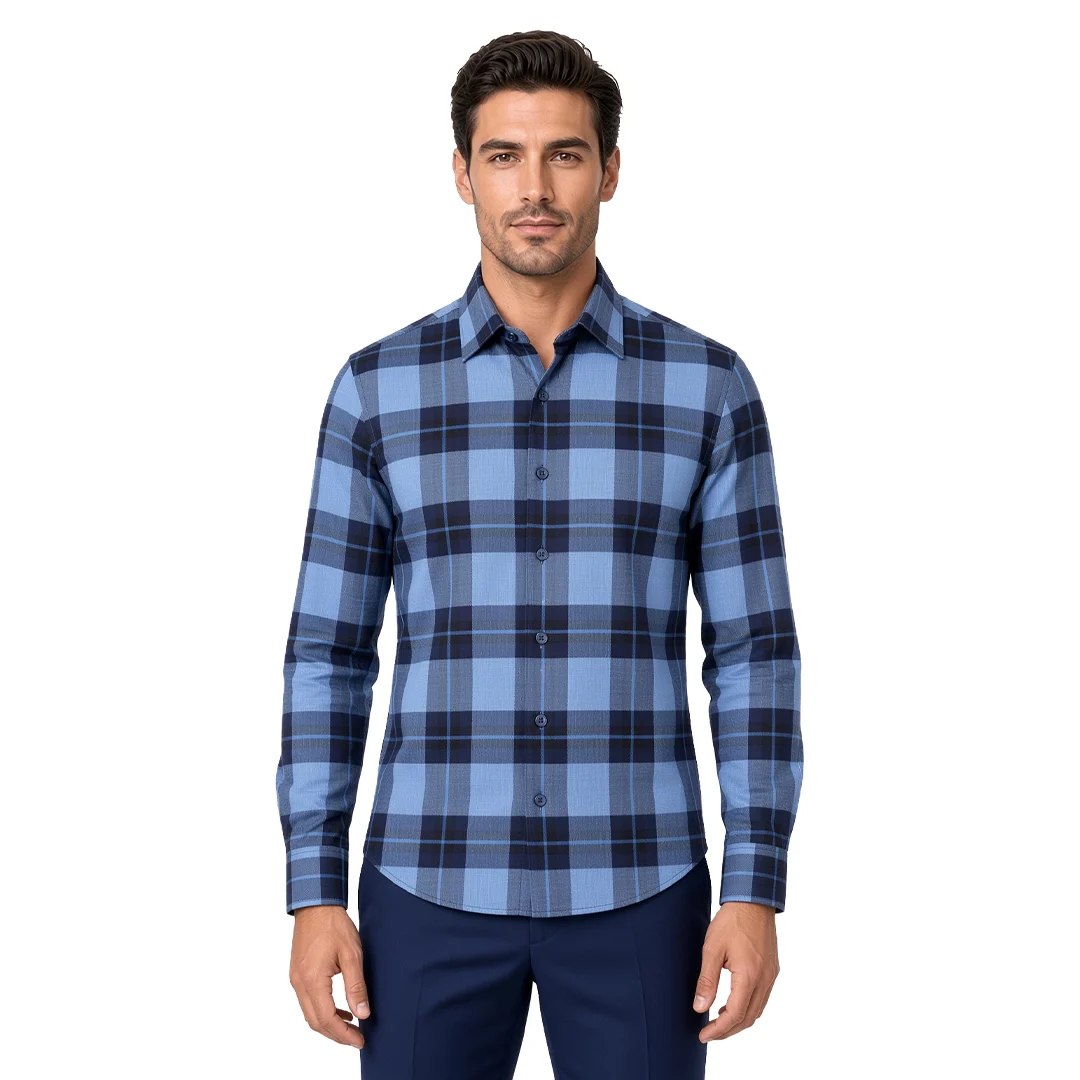 Men's Blue Plaid Flannel Casual Shirt