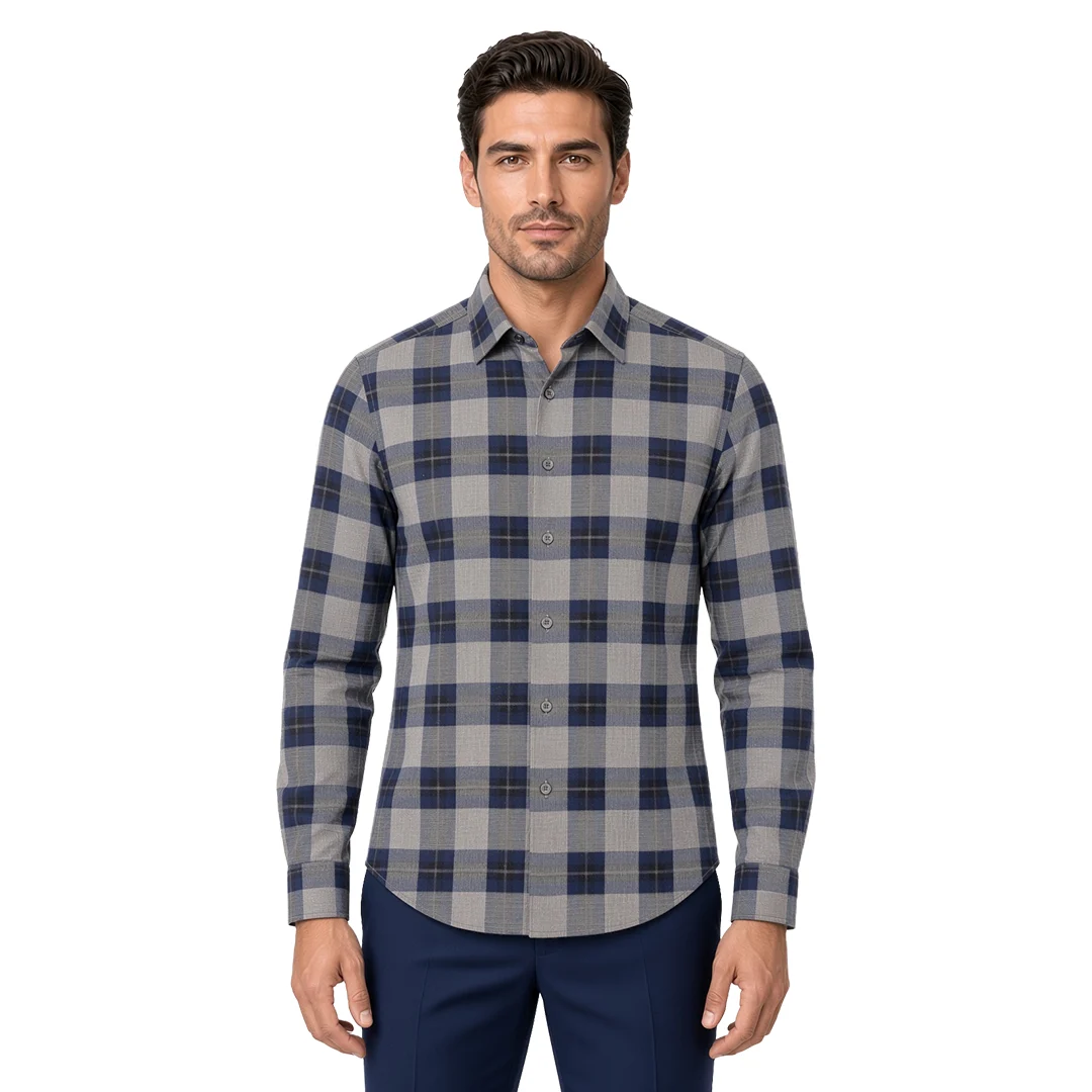 Men's Grey Plaid Flannel Casual Shirt