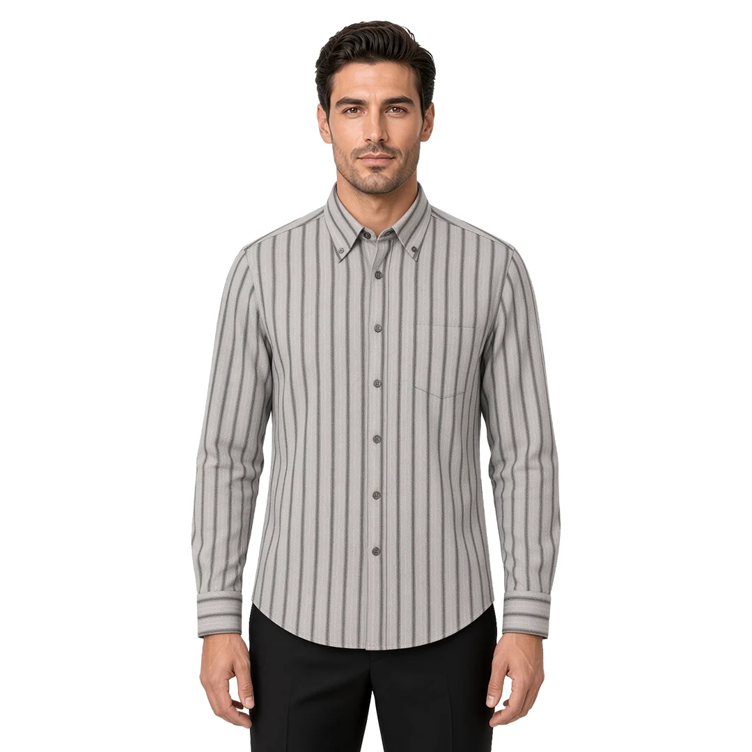 Men's Grey Striped Flannel Casual Shirt