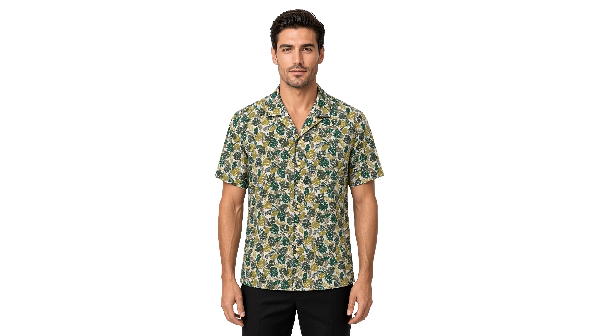 Men’s green floral short sleeve Havana shirt in cotton, dense tropical leaf print, open camp collar, modern fit, worn untucked.